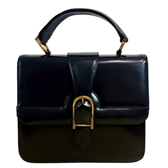 Vintage Dofan Paris  Leather Handbag Black Gold Buckle Structured Top Handle - Picture 1 of 11